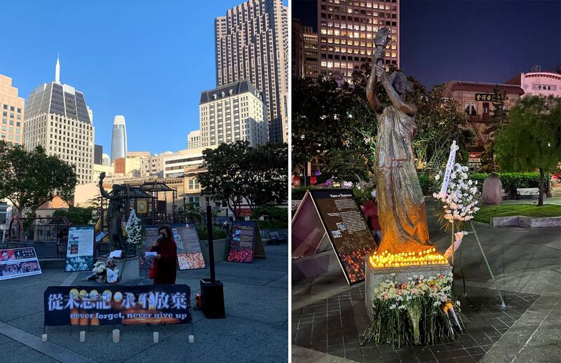 左图:芭芭拉·坎内拉在活动中发表演说。 右图:被摆上白色鲜花、花圈与蜡烛的民主女神像。(孙诚拍摄/独家首发)