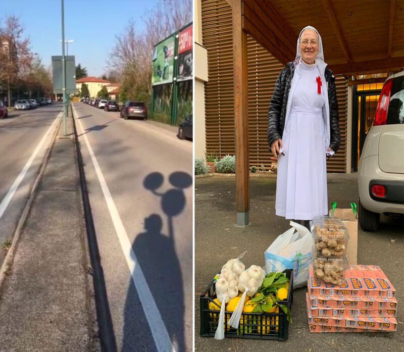 左图:透过天主教意大利灵医会影片可见当地疫情严峻,街道空无人烟。(截自灵医会提供影片);右图:台湾3月31日致赠医疗物资给天主教灵医会罗马修女院。(驻教廷大使馆官网)