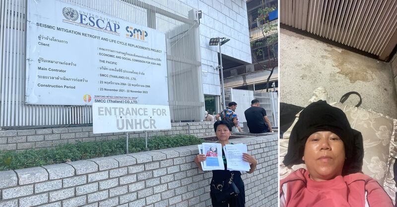 左图:韦亚妮在泰国申请联合国难民证。(韦亚妮提供); 右图:韦亚妮自称在泰国联合国难民总署外睡了数天才取得联合国难民证。(韦亚妮提供)