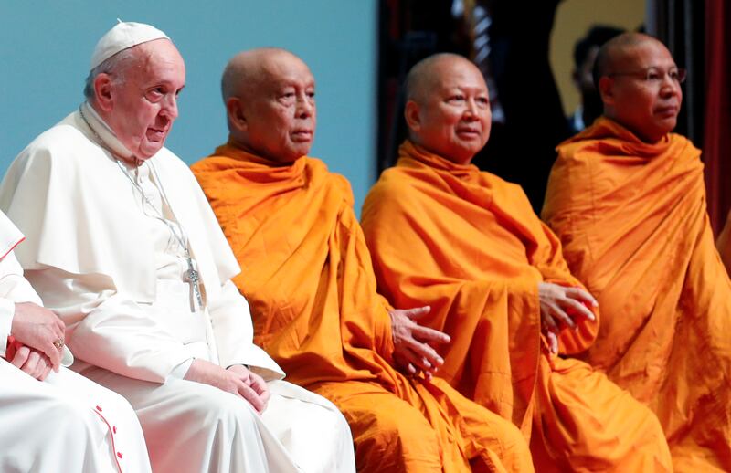 Pope Francis meets religious leaders at the Chulalongkorn University in Bangkok, Thailand, Nov. 22, 2019.