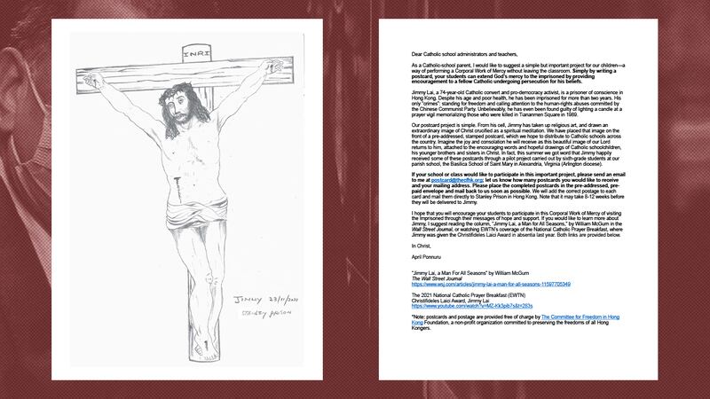 April會先向老師發信,講解行動的緣由,並介紹黎智英的「罪行」。而該明信片上印有黎智英繪畫的耶穌被釘十字架畫作,以及其囚犯編號。(April Ponnuru提供)