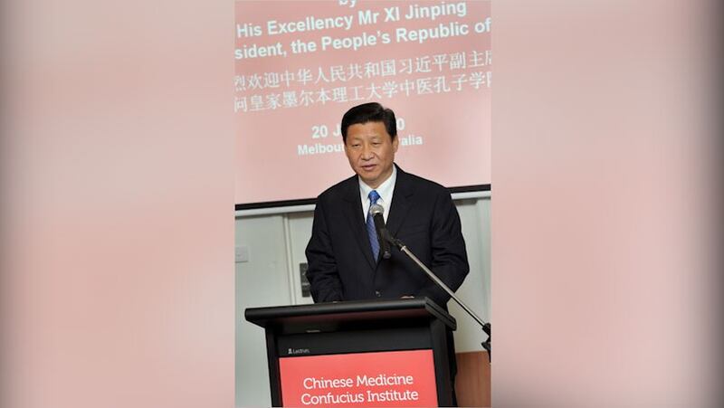 2010年6月20日,时任中国国家副主席的习近平在墨尔本出席皇家墨尔本理工大学中医孔子学院授牌仪式,发表讲话。(法新社)