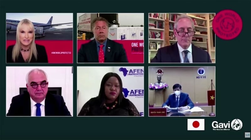 COVID-19疫苗全球获取机制（COVAX）疫苗高峰会2日以视讯方式举行。（路透社视频截图）