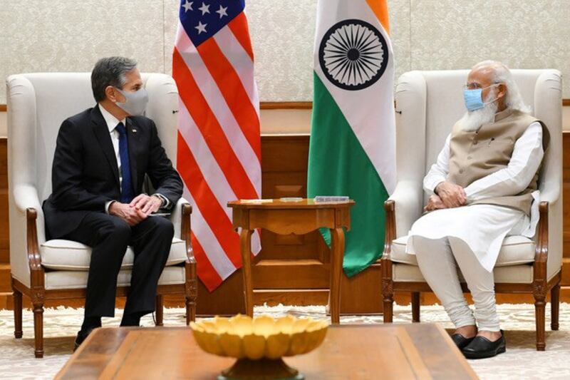 美国国务卿布林肯访问印度,谈阿富汗等问题。(法新社)