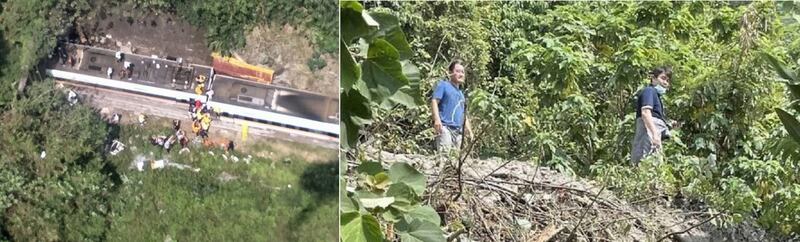左图:太鲁阁号出轨意外空拍图。(台湾消防署提供);右图:台铁出轨意外,有乘客拍到肇祸的工地主任李义祥(左)在山坡上观看。(翻摄自PTT网友leeabc)