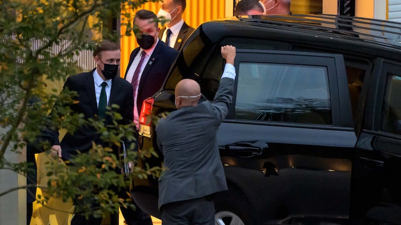 美国国家安全顾问沙利文（Jake Sullivan）在与杨洁篪会面后离开。（AFP）