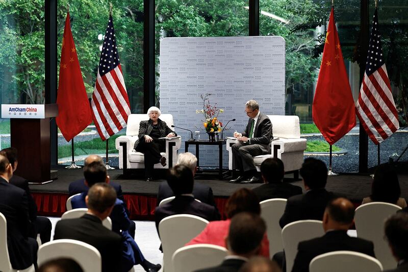 2024年4月5日,美国财政部长耶伦与在华的美国商界代表交流。(路透社)