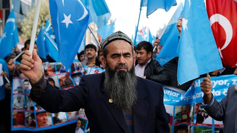 资料图片:流亡土耳其的维吾尔人在伊斯坦布尔手举“东突厥斯坦”旗帜抗议中国的新疆政策(美联社)