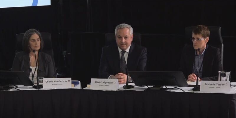 加拿大安全情报局长维尼奥(David Vigneault, 中)等多位国安系统官员出席作证,也披露情报文件说明外国干预情况。 (视频会议截图/记者柳飞提供)