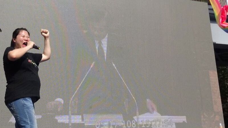 立法院长苏嘉全在国会殿堂宣布三读通过敲槌后,场外振奋。(记者夏小华摄)