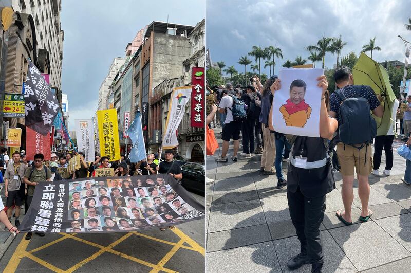 左图:反送中运动的5周年,香港边城青年等多个团体和在台港人在6月9日反送中运动开始日在台举办游行纪念。右图:有参与游行者自制标语代表挺港抗共的意思。(陈子非摄)