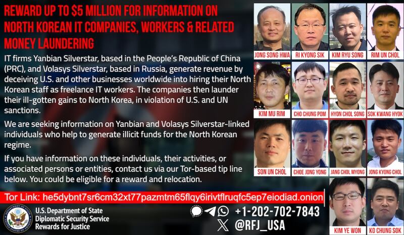 A reward for information on North Korean IT companies, workers, and related money laundering is posted online.