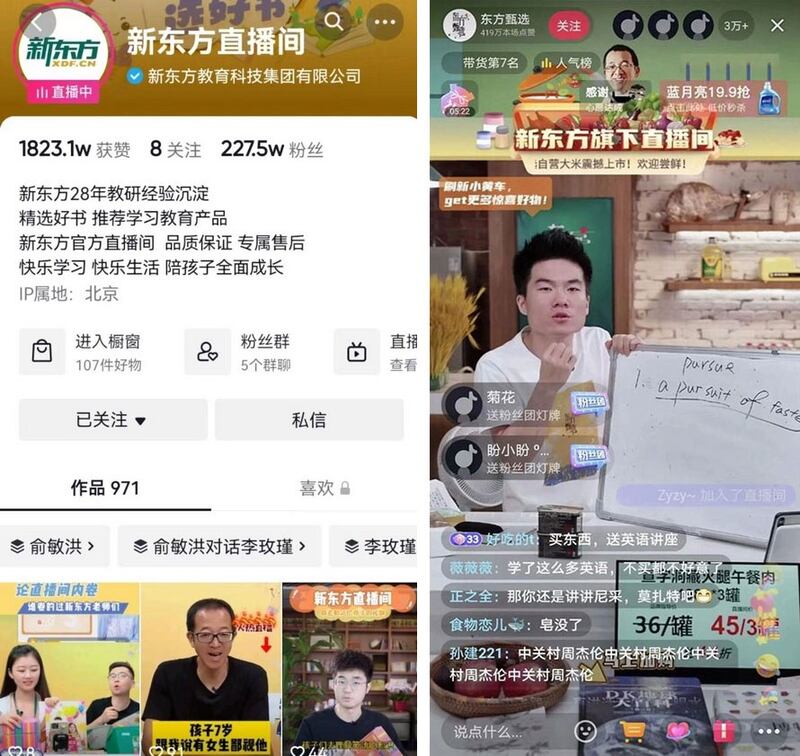 新东方利用网络视频直播平台抖音设立了名为“东方甄选”的帐号,以直播形式为各商家带货。(截图自直播)