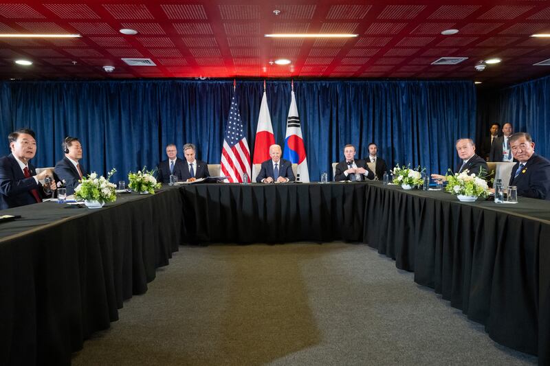 US President Joe Biden, Japanese Prime Minister Shigeru Ishiba and South Korean President Yoon Suk Yeol participate in a trilateral meeting on the sideline of the APEC summit in Lima, Peru, Nov. 15, 2024.