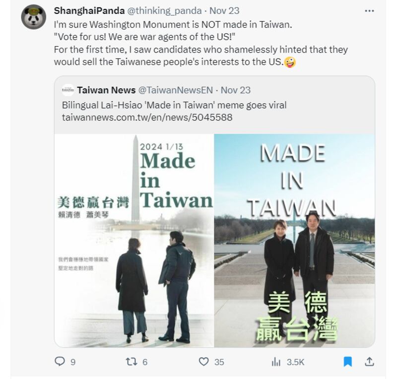 X用户"ShanghaiPanda"发文称萧美琴说不好国语、是"美国代理人"。（推特截图）