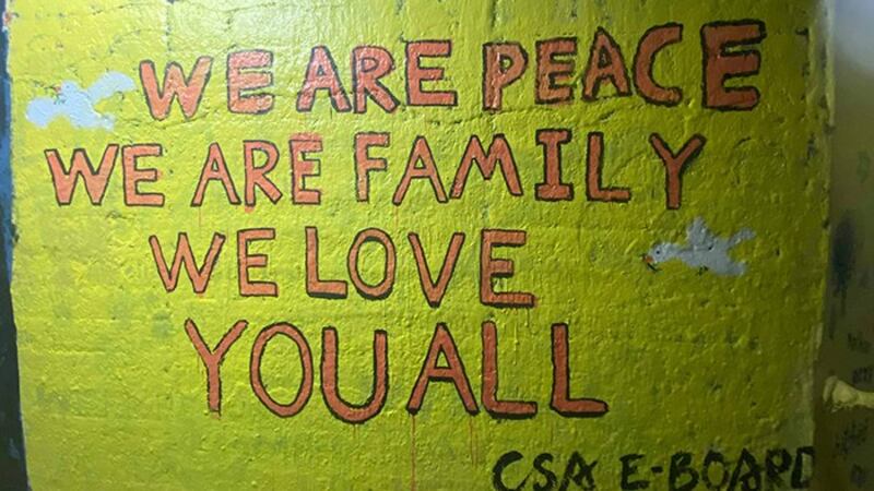 美国罗切斯特大学隧道里中国留学生覆盖原有涂鸦的画墙(罗切斯特大学学生提供)