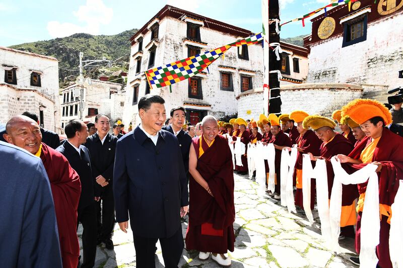 In this July 22, 2021, photo released by Xinhua News Agency, Chinese President Xi Jinping, visits the Drepung Monastery in Lhasa, Tibet Autonomous Region.