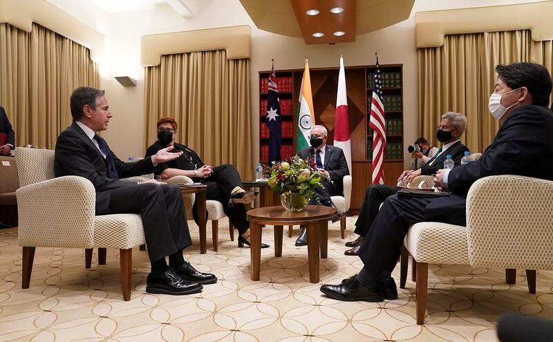 美、日、印、澳四方安全对话(QUAD)外长会议2022年2月11日在澳大利亚墨尔本举行(Pool via AP)