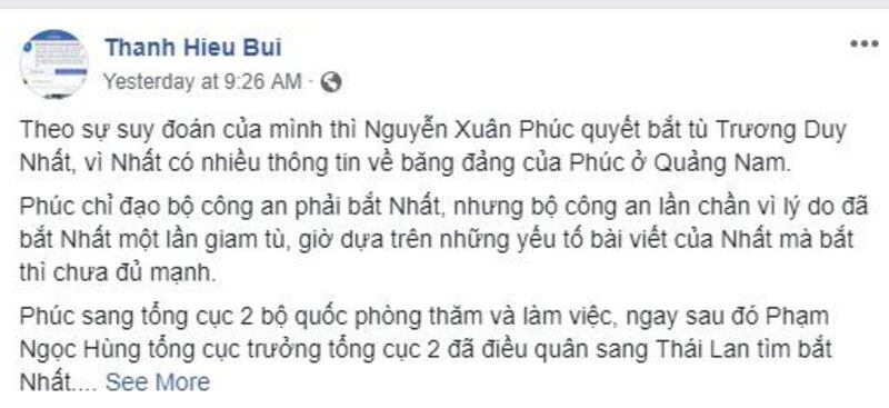 Dòng trạng thái trên Facebook của blogger Bùi Thanh Hiếu về blogger Trương Duy Nhất