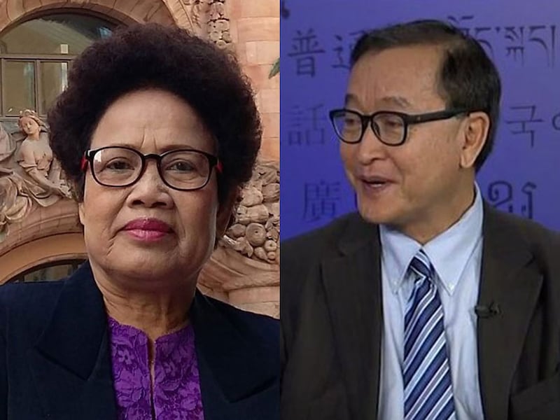 អ្នកស្រី ថាក់ ឡានី (ឆ្វេង) សមាជិក​ព្រឹទ្ធសភា​គណបក្ស​សម រង្ស៊ី និង​លោក សម រង្ស៊ី (ស្ដាំ) ប្រធាន​គណបក្ស​សង្គ្រោះជាតិ។