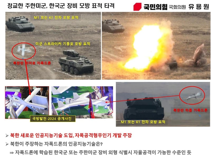 유용원 국민의힘 의원은 북한 자폭 무인기에 도입된 인공지능(AI)이 한국군 또는 주한미군 장비의 외형을 식별하고 자율적인 공격이 가능한 수준인 것으로 분석했다.